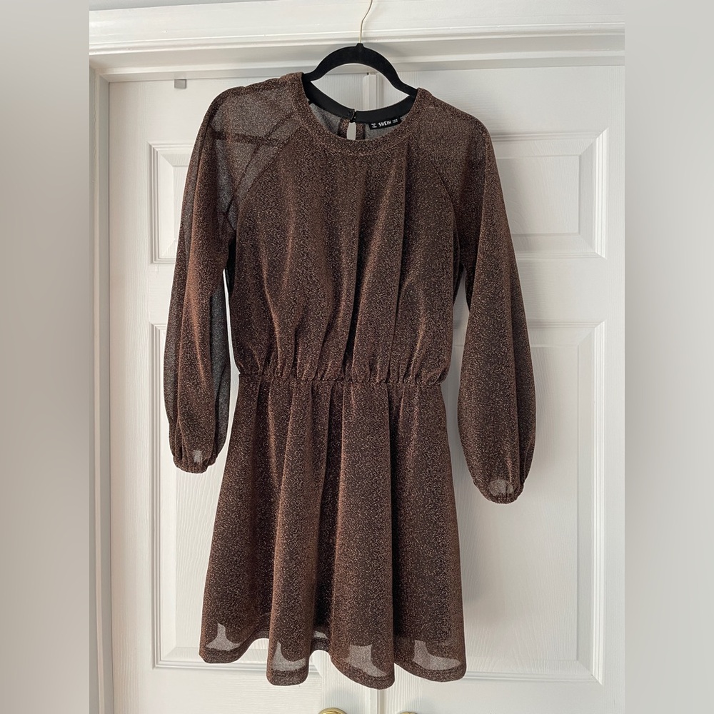 SHEIN Glittery Bronze Long Sleeve Dress